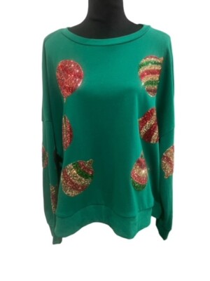 Peach Love Women Sweatshirt Size Large Green Sequin Christmas Ornaments Oversize