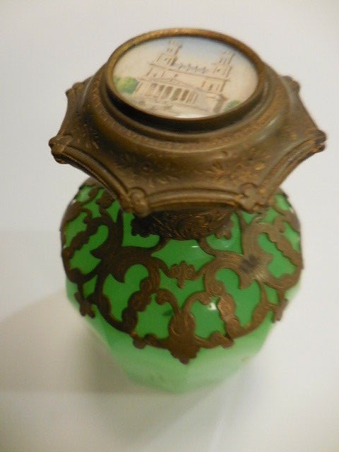 Rare Antique 1960s French Green Opaline Bronze Perfume Scent Bottle Palais Royal