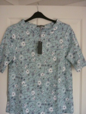 LAURA ASHLEY JERSEY TOP AQUA GREY WHIMSICAL FLORAL BARDOT UK 12, EUR 38-40. BNWT