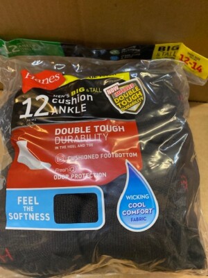 Hanes Mens Double Tough Ankle Socks, 12pk, Black, Extended Size 12-14 US (4444)