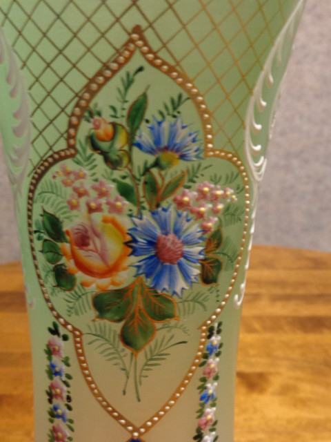 ANTIQUE VICTORIAN 14” VASES SATIN GLASS W/GOLD GILT ENAMELING PAIR