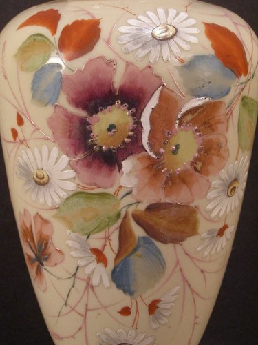 LG 19c Victorian French Opaline Custard Glass Hand Painted Enamel Mont Joye Vase