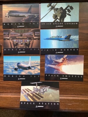 Seven Vintage Boeing Postcards 737,747,777, Apache,FA-18,Space Shuttle & Station