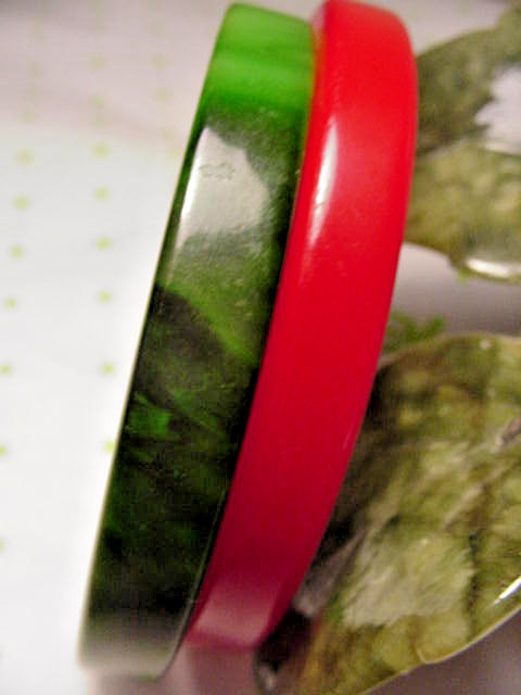 2 Vintage Bakelite Bangle Bracelets RED and GREEN...SLICED, STACKABLE design