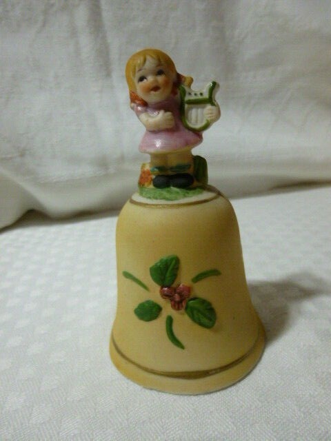 Vintage Bisque Ceramic figurine bell  Girl Playing the Harp Handle 4 1/4