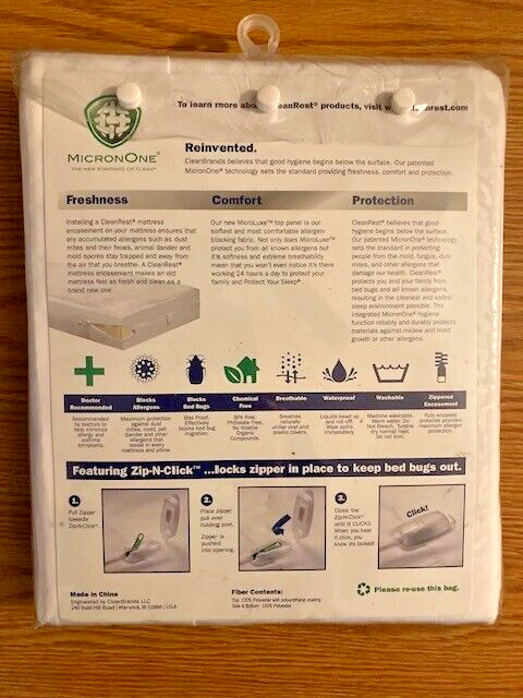 CleanRest Hypoallergenic Waterproof BedBug Zippered Mattress Cover Protector TXL