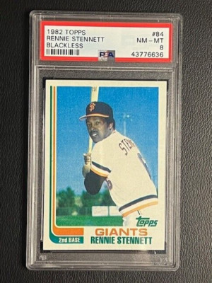 1982 TOPPS BASEBALL BLACKLESS ERROR #84 RENNIE STENNETT PSA 8