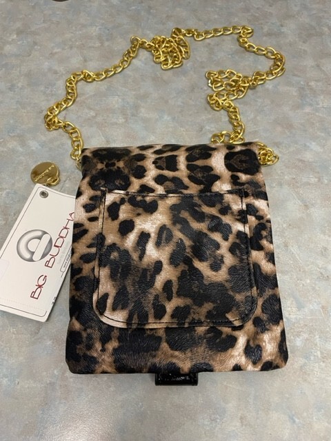 Big Buddha Otis Leopard Crossbody Bag with Gold Chain Strap