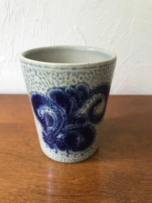 Vintage - Salt Glaze Pottery Drinking Cup - Cobalt Blue Flower Design - 
