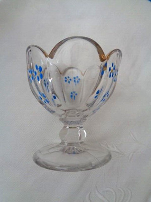 small glass compote w/enamelware flowers  vintage