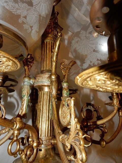 Large Brass Gas Electric Combination Chandelier Fixture Acid Etched Shades