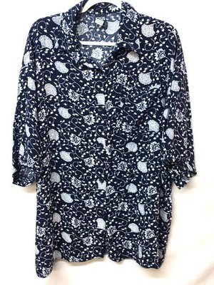 Honors blue floral print button down women's elbow sleeve plus top 24W
