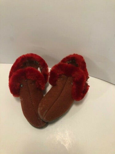Antique Vintage 1924 Red Leather Sole Baby Booties Slippers Shoes Fur trim 5" 