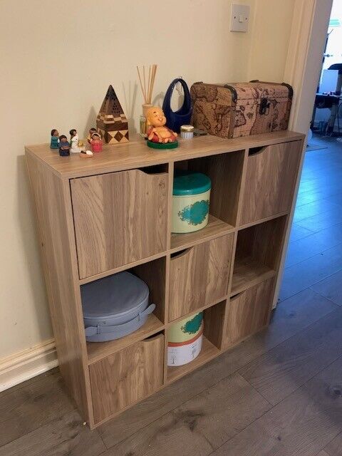 Cube Oak Finish Standing Shelves 5 Doors 4 Open Cubes