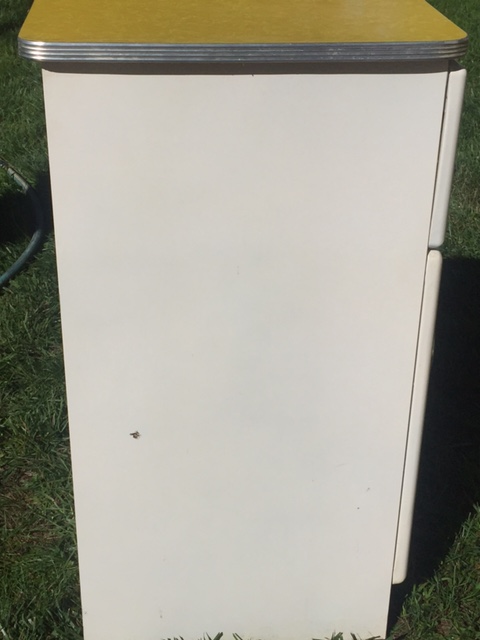 Vintage mid-century modern metal kitchen cabinet w/ yellow Formica top