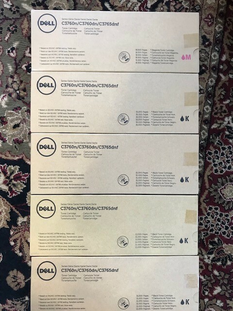 Five (5)print cartridges for a Dell Model C3765 Color MFP printer.  4 B, 1M