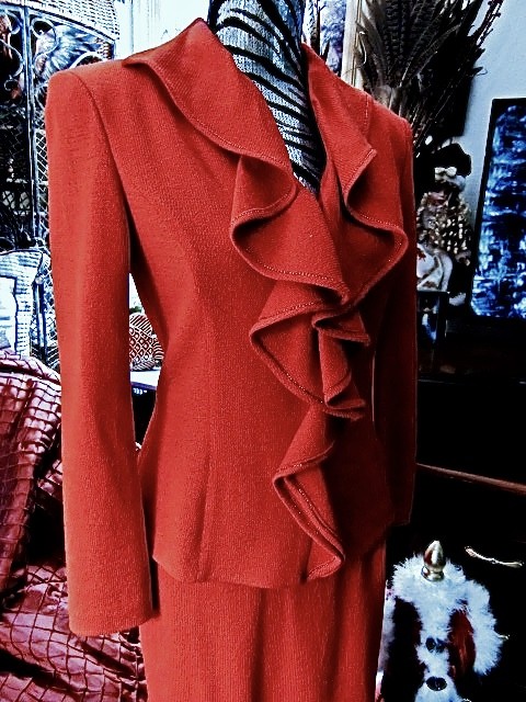 St John Evening Suit Red JACKET RUFFLE & SKIRT CRYSTAL TRIM RARE 2 SANTANA SANTA