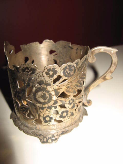 Antique old vintage persian silver tea set of 6 floral design cup w/ glass