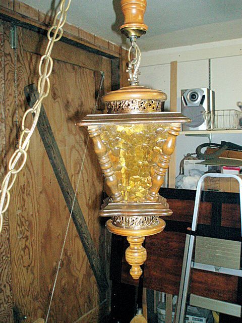 Mid Century Amber Glass / Wood Coach Hanging Swag Lamp Light 25