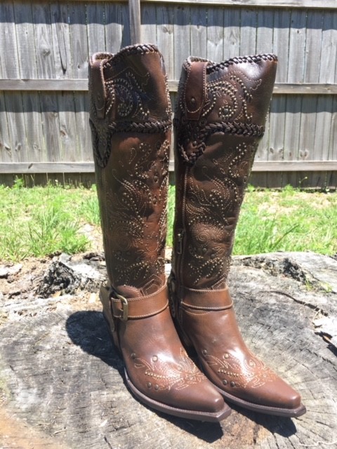 Pre-owned Corral Boots Corral G1116ladies Western Brown Tall Whip Stitch And Studs Boots