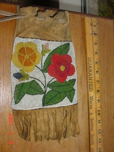 OLD ANTIQUE PLATEAU INDIAN BEADED HIDE TOBACCO POUCH BAG