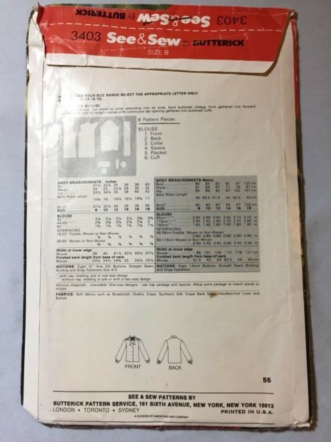 Butterick 70's vintage See & Sew 3403 Misses Blouse Pattern - Size 14/16/18