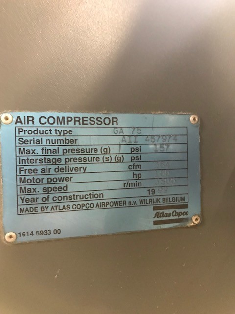 1999 Atlas Copco GA75 Rotary Screw Air Compressor