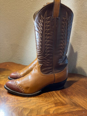 Tony Lama Cowboy Western 3 Tone Brown Boot, Lizard Toe Cap, Hand Made USA 7.5B