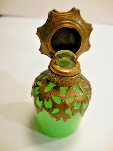 Rare Antique 1960s French Green Opaline Bronze Small Perfume Scent Bottle