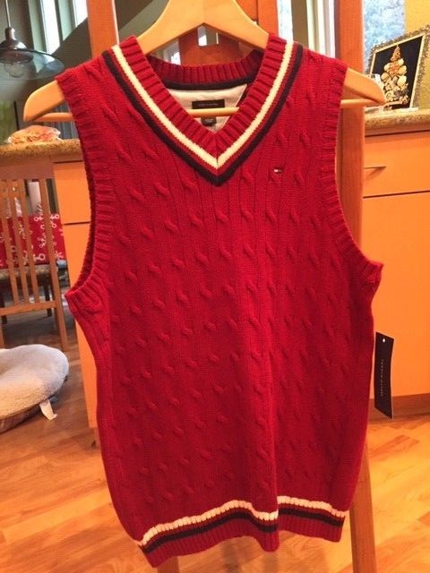 NWT Tommy Hilfiger Boys Large 16/18 V neck Red sweater vest 100% cotton