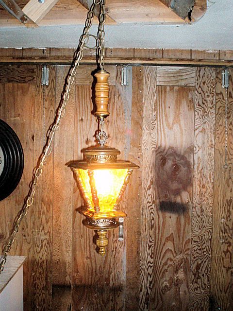 Mid Century Amber Glass / Wood Coach Hanging Swag Lamp Light 25
