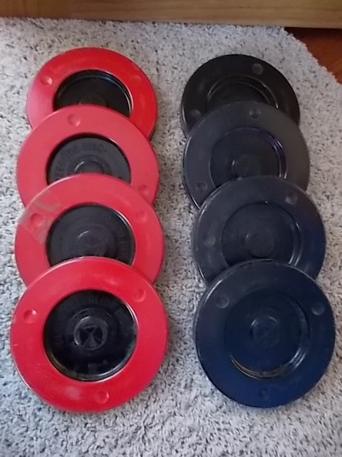 SET of 8 Vintage Number 4 Dimco Freeglide Disc Shuffleboard Pucks w/Wire Carrier