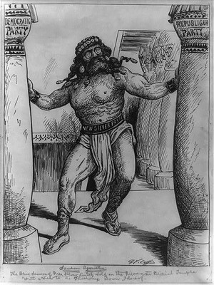 Samson Agonistes. The blind Samson of free silver layeth hold on the pillars