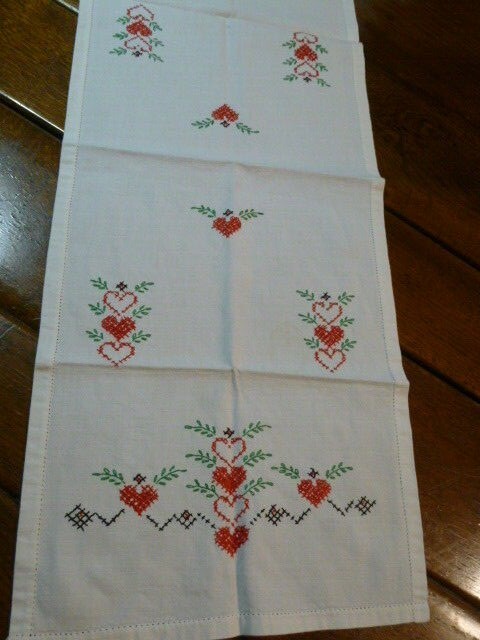 Vintage Hand Embroidered Cotton Table Runner Dresser Scarf Cross Stitch Hearts
