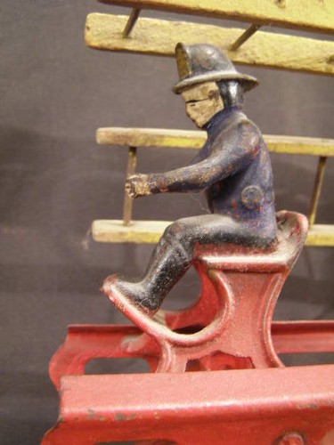 BIG 19c Wilkins Tin Wood Cast Iron Hook Ladder Fire Truck Animal Horse Drawn Toy