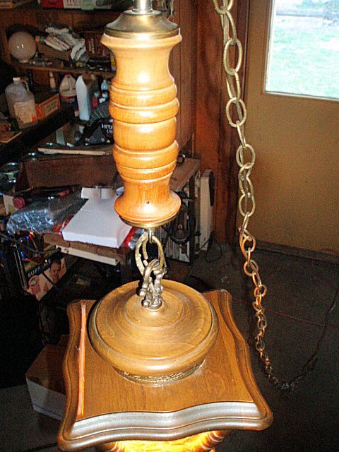 Mid Century Amber Glass / Wood Coach Hanging Swag Lamp Light 25