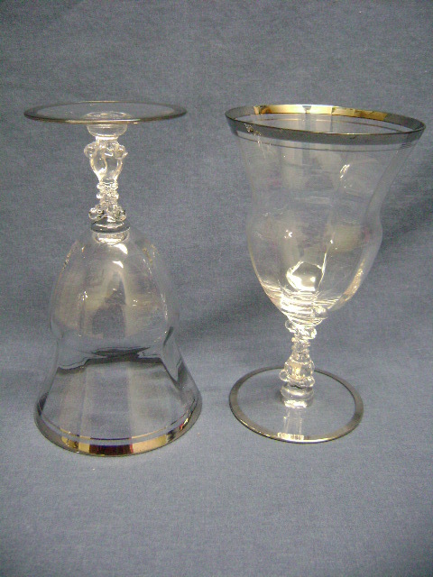 Vintage 3 Large Footed Water Wine Goblets Glasses Optic Paneled Silver Rim/ Base