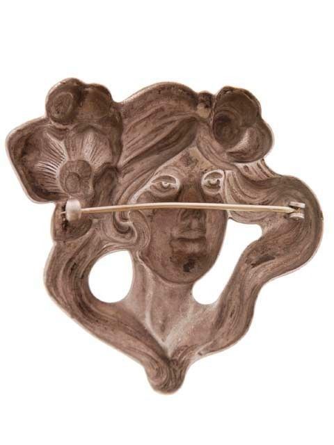 Antique Brooch Art Nouveau Ladies Face Figural Floral Silver Plated 2