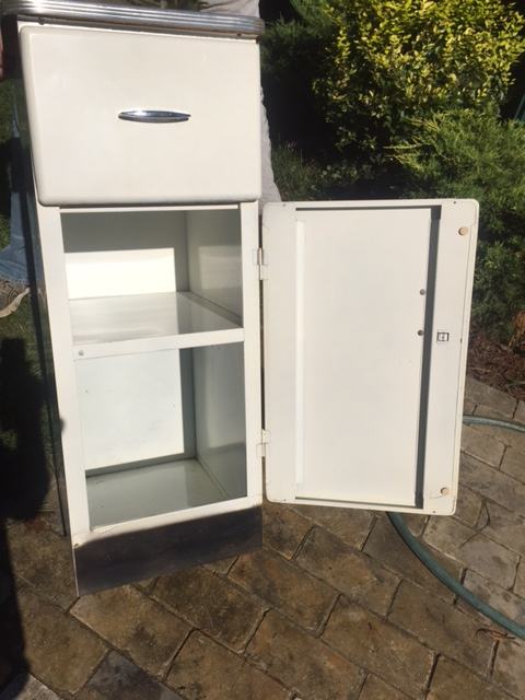 Vintage mid-century modern metal kitchen cabinet w/ yellow Formica top