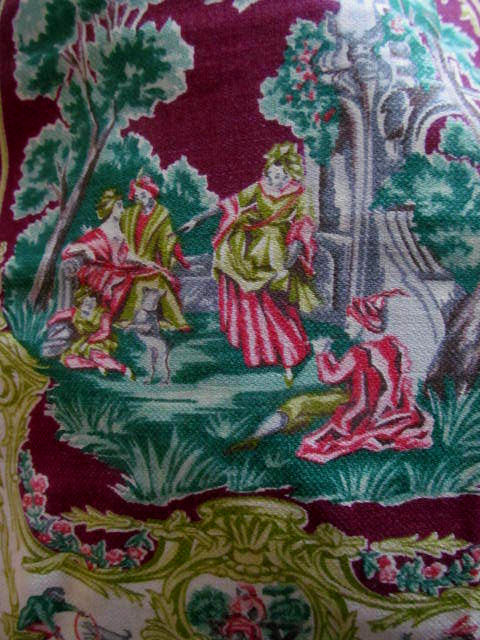 Romantic Garden Flowers Urns People Scene~Vintage 1940-50s Curtain Panel Fabric