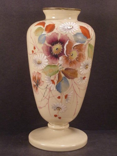 LG 19c Victorian French Opaline Custard Glass Hand Painted Enamel Mont Joye Vase