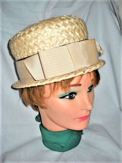 Beige Tall Straw Bucket Wide Ribbon Narrow Brim Women Ladies