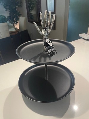 HALLOWEEN METAL SKELETON HAND 2 TIER SERVING TRAY APPETIZER DESSERT STAND New