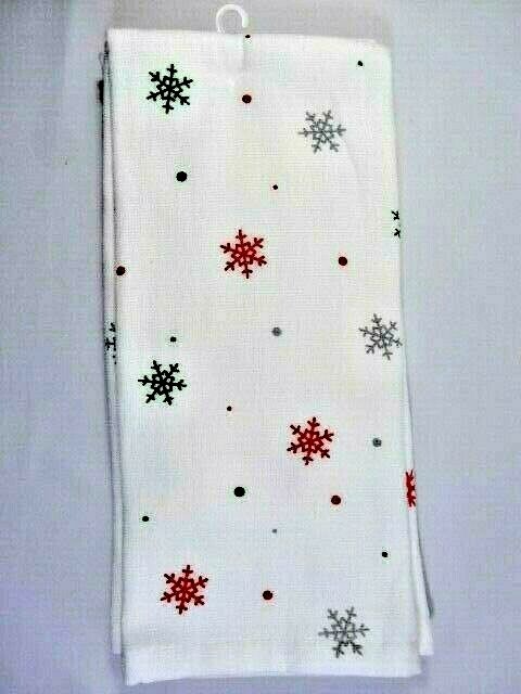 Casaba Christmas Hedgehogs Kitchen Towels Set of 2 Snowflakes White Red Green