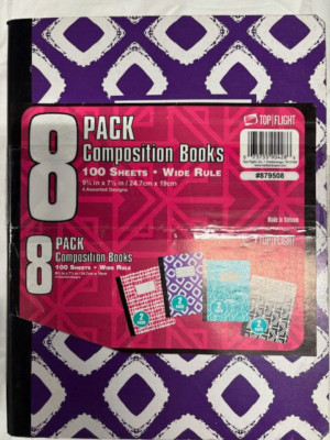 Top Flight Composition Books 8 pack Wide Rule 100 Sheets GEO MULTIPLE COLORS NEW