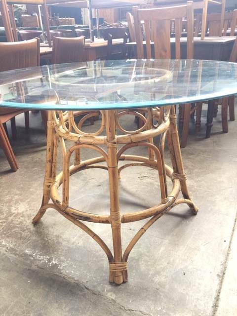 F39032 Vintage Boho Glass Top Wicker Round Dining Table Cane | Dining
