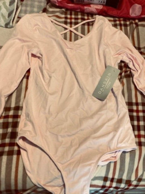 Classic Danskin Now Girls Pink V-Neck Elbow-Length Leotard XL NWT
