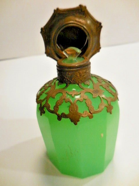 Rare Antique 1960s French Green Opaline Bronze Perfume Scent Bottle Palais Royal