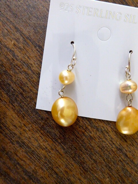 PAIR NEW SILVER CULTURED PINK GOLD CULTURED DROP DANGLE PIERCED PEARL EARRINGS