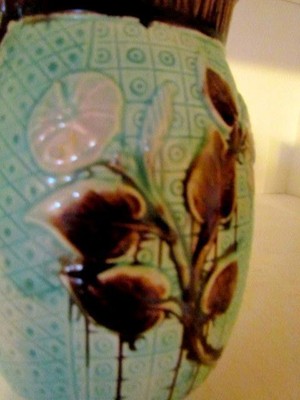 Turquoise and Brown Morning Glory Majolica Pitcher